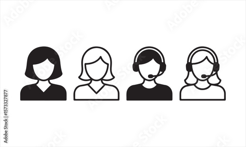 Female Customer Service Avatar Icons – Flat and Outline Styles