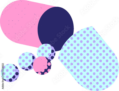 Flat colour illustration of an open capsule pill in bright neon color