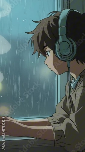 vertical 9:16 A moody teenager sitting by a rainy window listening to music on headphones, lo-fi animation style with film grain, city lights reflected on glass, slow pan across the room, steam rising
