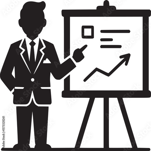 Man in suit presenting a chart with an upward trend on a presentation board in black and white style