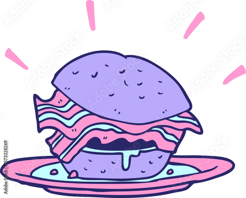 cartoon amazingly tasty bacon breakfast sandwich with cheese in bright neon color