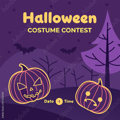 Spooky halloween costume contest announcement with jack o lanterns bats and a purple forest scene perfect for party invitations and flyers