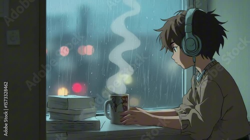 A moody teenager sitting by a rainy window listening to music on headphones, lo-fi animation style with film grain, city lights reflected on glass, slow pan across the room, steam rising