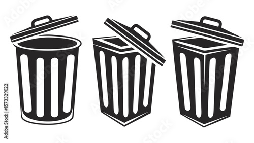 Three black trash cans with open lids on a white background garbage can waste bin