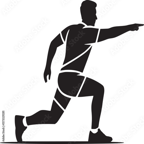 Silhouette of a man in sportswear performing a lunge with arm extended on a white background