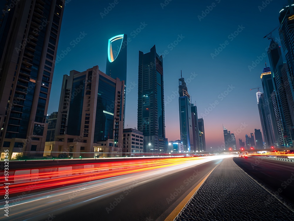 Obraz premium City skyline at night with blurred traffic lights on the road