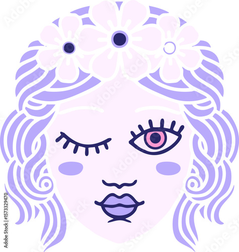 iconic tattoo style image of a maidens face winking in bright neon color
