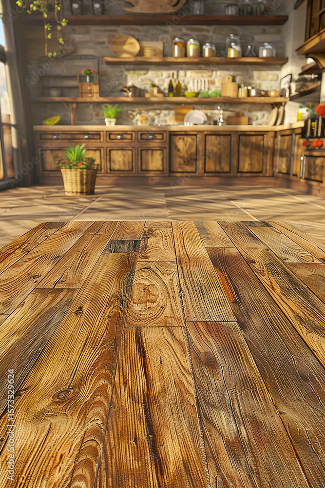 Obraz premium A close-up of a rustic wooden tabletop with a blurred background showing a cozy farmhouse kitchen interior with wooden cabinets and shelves.
