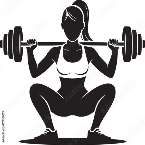 Silhouette of a woman performing a squat with a barbell in a white sports bra and ponytail pose