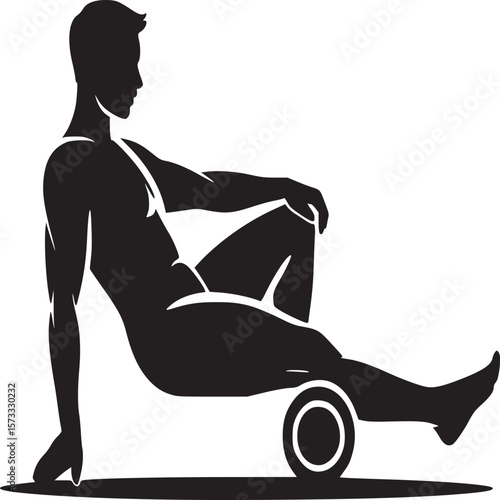 Silhouette of a man using a foam roller for muscle recovery and myofascial release on a white background