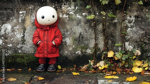 Fototapeta Naklejka Na Ścianę i Meble -  A figure in a red jacket stands near a weathered stone wall.