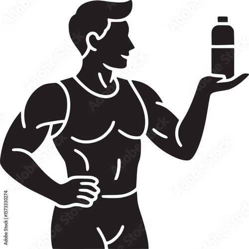 Silhouette of muscular man holding a bottle in his hand promoting a fitness or health related product