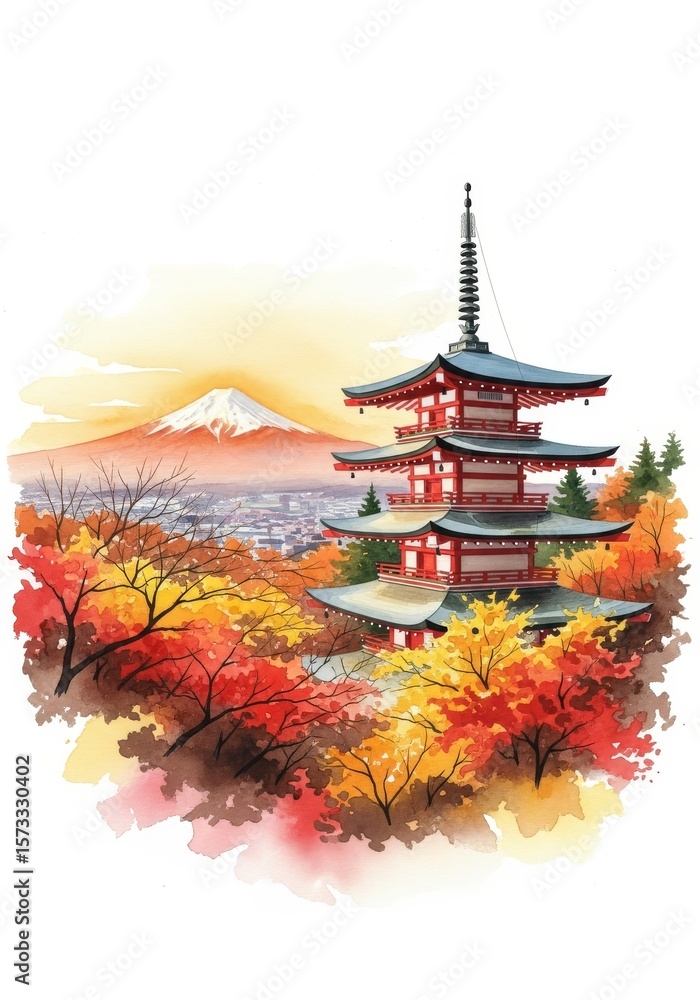Obraz premium Autumn Pagoda and Mountain View - Scenic watercolor painting of a Japanese pagoda nestled amongst autumn foliage, with Mount Fuji in the background