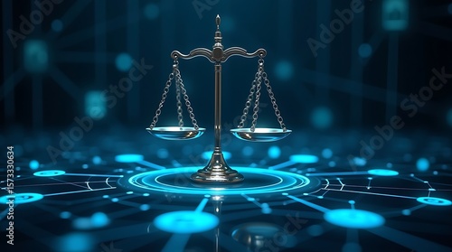 A silver scale of justice glows on a digital network