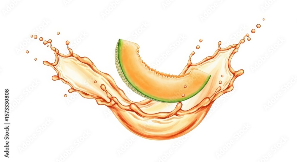 Fototapeta premium Cantaloupe Splash - A vibrant of a cantaloupe slice splashing into its own juice, creating a dynamic and refreshing visual