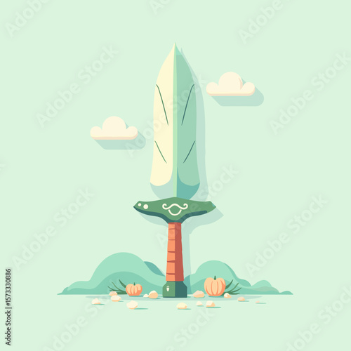 Artistic knife with a large blade and pumpkin decoration in a whimsical outdoor setting