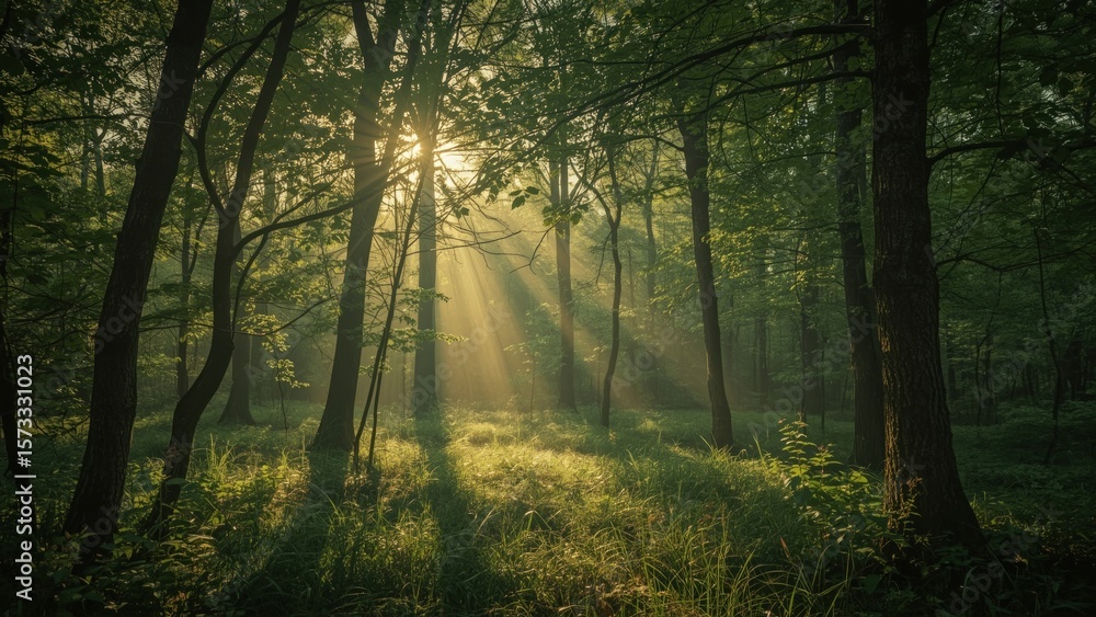 Obraz premium Sunlight streams through a lush forest, illuminating the trees and the ground.