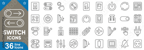 Switch line editable icons set. Toggle On, power, light, volume, mode, dimmer, rocker, push button, slide, smart, WiFi switch and more symbols. Vector illustration