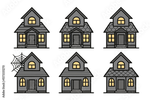 Six grey haunted houses with yellow windows spooky scary