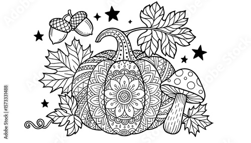 autumn harvest mandala pumpkin with fall elements line art. halloween and thanksgiving mandala pumpkin line art for adult coloring book.