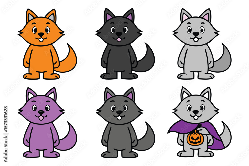 Fototapeta premium Six cartoon wolves orange black gray purple holding pumpkin vector