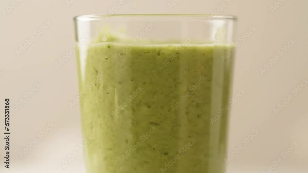 Close up shot of a tall glass filled with a vibrant green smoothie against a neutral background color Close up shot of a tall glass filled with a vibrant green smoothie against a neutral background color