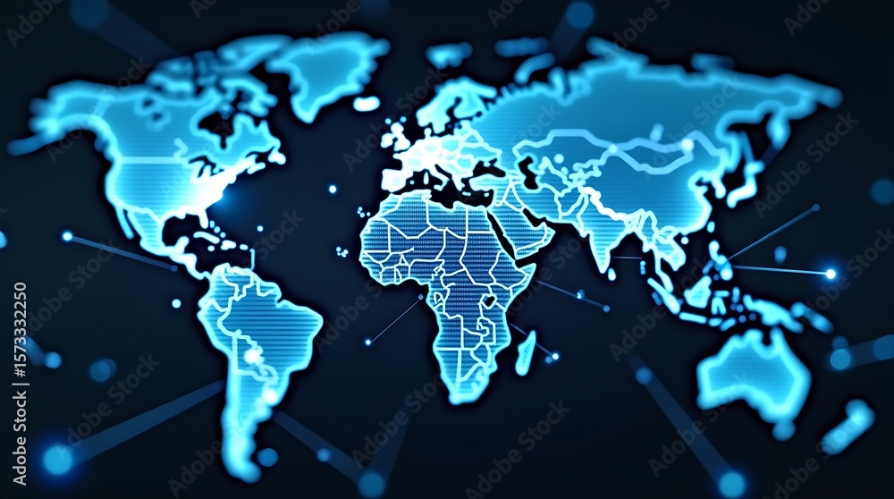 Glowing digital world map highlighting countries Glowing digital world map highlighting countries