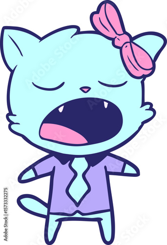 cartoon yawning cat in bright neon color