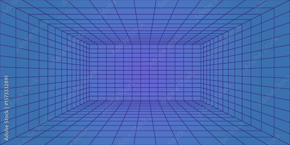 Obraz premium Metaverse VR Wireframe Room Blue Background. Vector Perspective Grid. Futuristic VR Game Geometric Backdrop. Box with Digital Cyber Space. Vector Illustration. eps10. modern