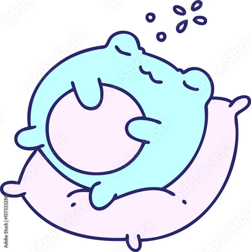 cartoon of a cute frog sleeping on a pillow in bright neon color