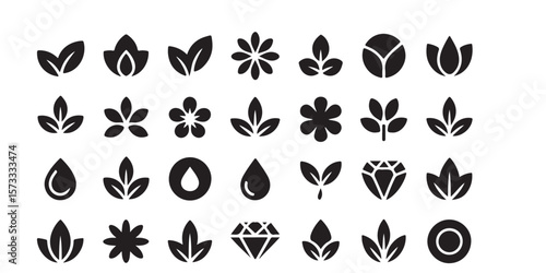 A set of various black and white floral and leaf icons arranged in rows on a white background