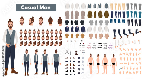 Set of man character vector design. Presentation in various action with emotions, running, standing and walking.
