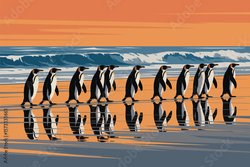 A charming illustration of a penguin colony waddling along a sandy beach near the ocean under a warm sunset sky.