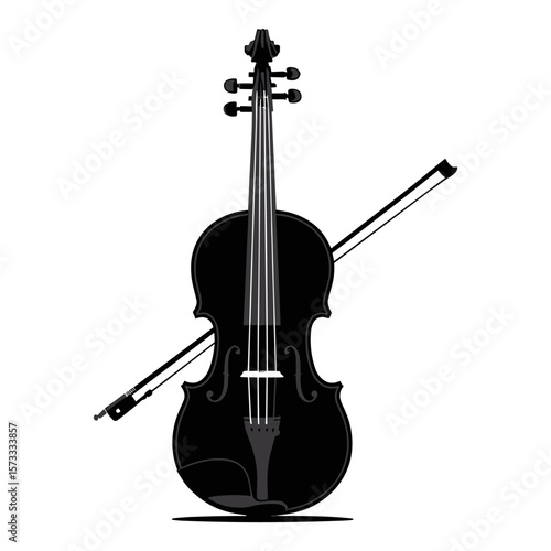Elegant Violin Silhouette: A sleek, monochrome vector illustration of a violin and bow, rendered in stark black against a pristine field. A visual symphony of simplicity and grace.