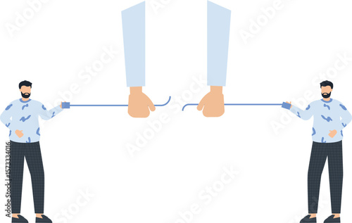 Two Men Holding a Broken Cable, Concept of Disconnection and Conflict, Isolated on White Background,broken cable, blue shirt, dark pants, white background, flat lighting, simple colors,