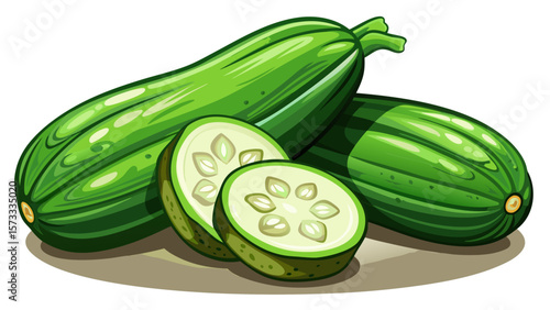  close up Juicy organic zucchinis, smooth and green with a hint of gloss, rest side by side with sliced cross-sections revealing their pale insides, ready for cooking or garden market illustration.. 