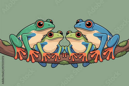 Cartoon red eyed tree frogs sit symmetrically together on a brown branch with a sage background.