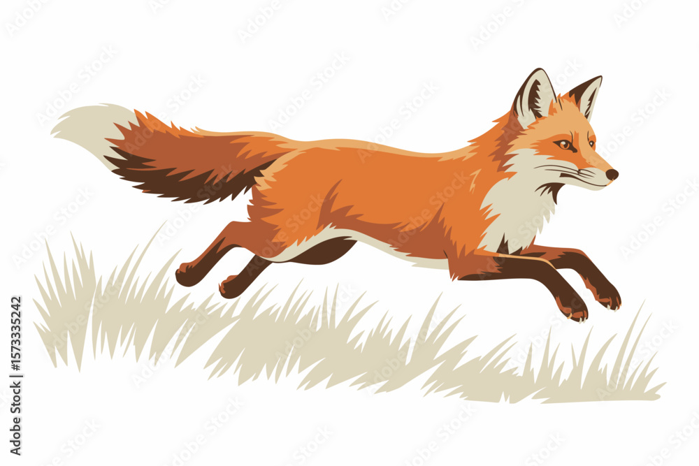 Obraz premium A cartoon illustration showing a red fox running fast through a grassy field with motion and energy.