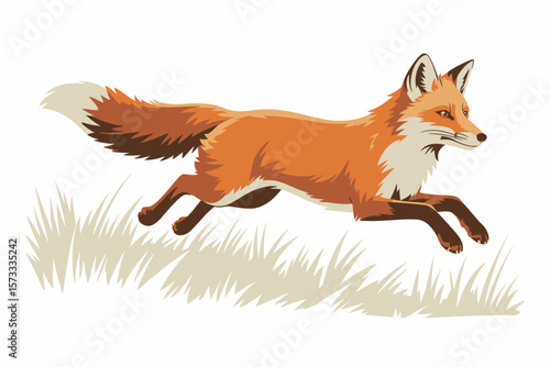 A cartoon illustration showing a red fox running fast through a grassy field with motion and energy.
