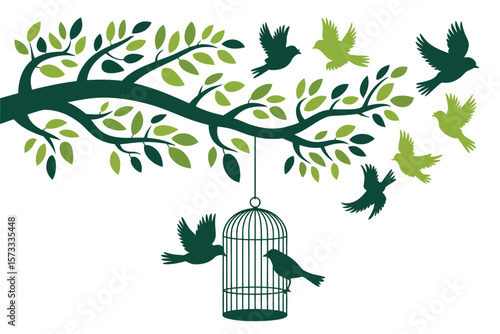 Birds soar to freedom leaving an open birdcage under the tree branches in a vector illustration.