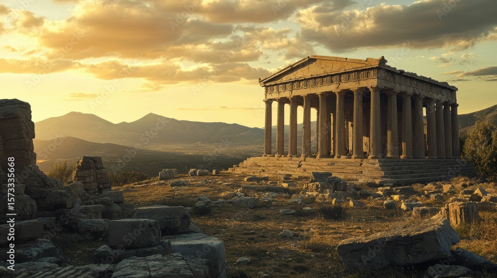 Fototapeta premium The columns, remnants of ancient Greek civilization, rise proudly against the expansive landscape and sunset, symbolizing the lasting grandeur of this historical culture.