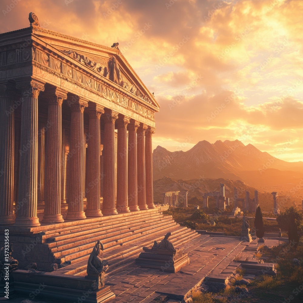 Obraz premium The columns, remnants of ancient Greek civilization, rise proudly against the expansive landscape and sunset, symbolizing the lasting grandeur of this historical culture.