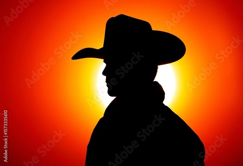 Dark, classic Western cowboy silhouette against bright background, gun, profile