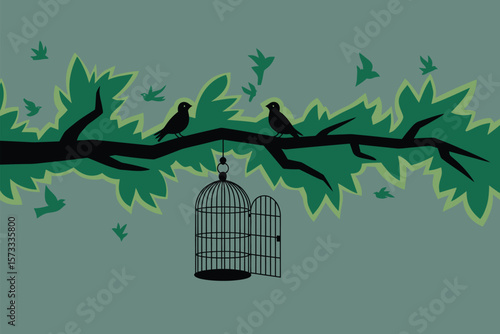 Two birds perch near an open cage on a tree branch amidst leaves, depicting freedom and nature