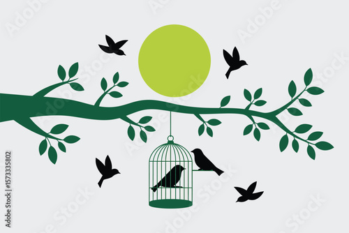 Birds soaring to freedom from cage among lush green tree branches in silhouette against a sunlit backdrop.
