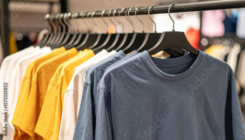 Plain t-shirts of different colors hang on hanger. Blurred store interior. Clothes and fashion.