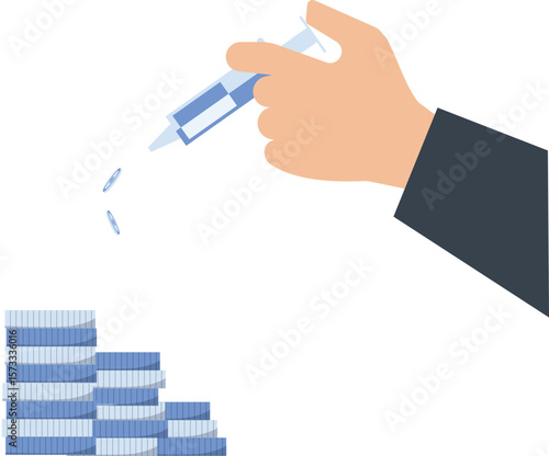 Financial Injection: Hand with Syringe Injecting Coins, Investment Concept, Isolated on White Background,financial concept, investment strategy, business growth, money management, coin injection, 