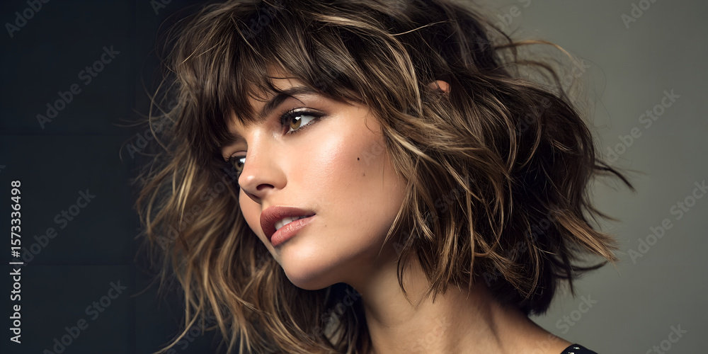 Naklejka premium Stunning woman with sparkling hair accessories and tousled waves looking sideways with a soft expression