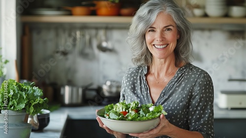 Happy Mature Woman Enjoying a Fresh Homemade Salad at Home