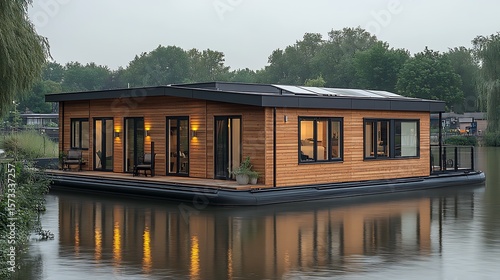 Modern wooden houseboat on a tranquil waterway.